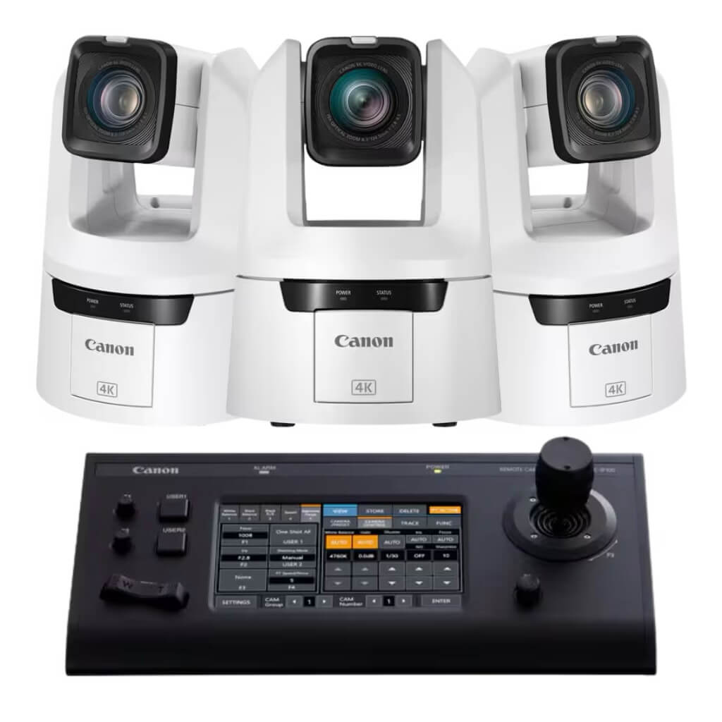 Canon Video Bundle - 3 CR-N500 PTZ Cameras and 1 RC-IP100 Controller, white