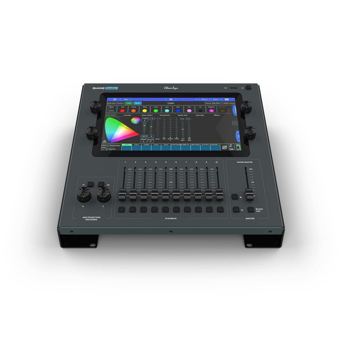 ChamSys Studio+ Lighting Control Console with desktop stand, front