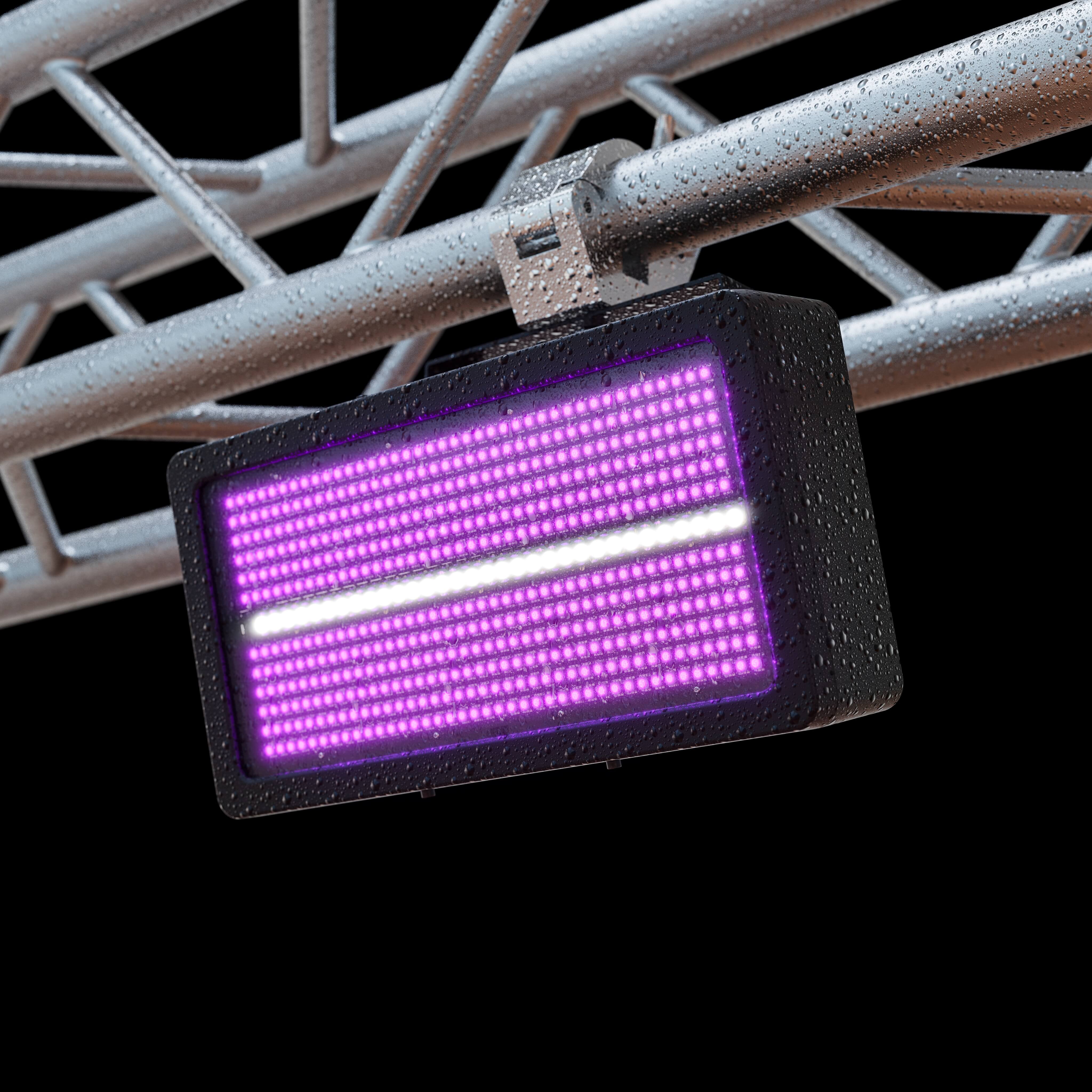 Chauvet DJ Shocker Panel FX IP - LED Strobe, Wash, and Blinder lighting fixture, truss mounted, covered in water droplets