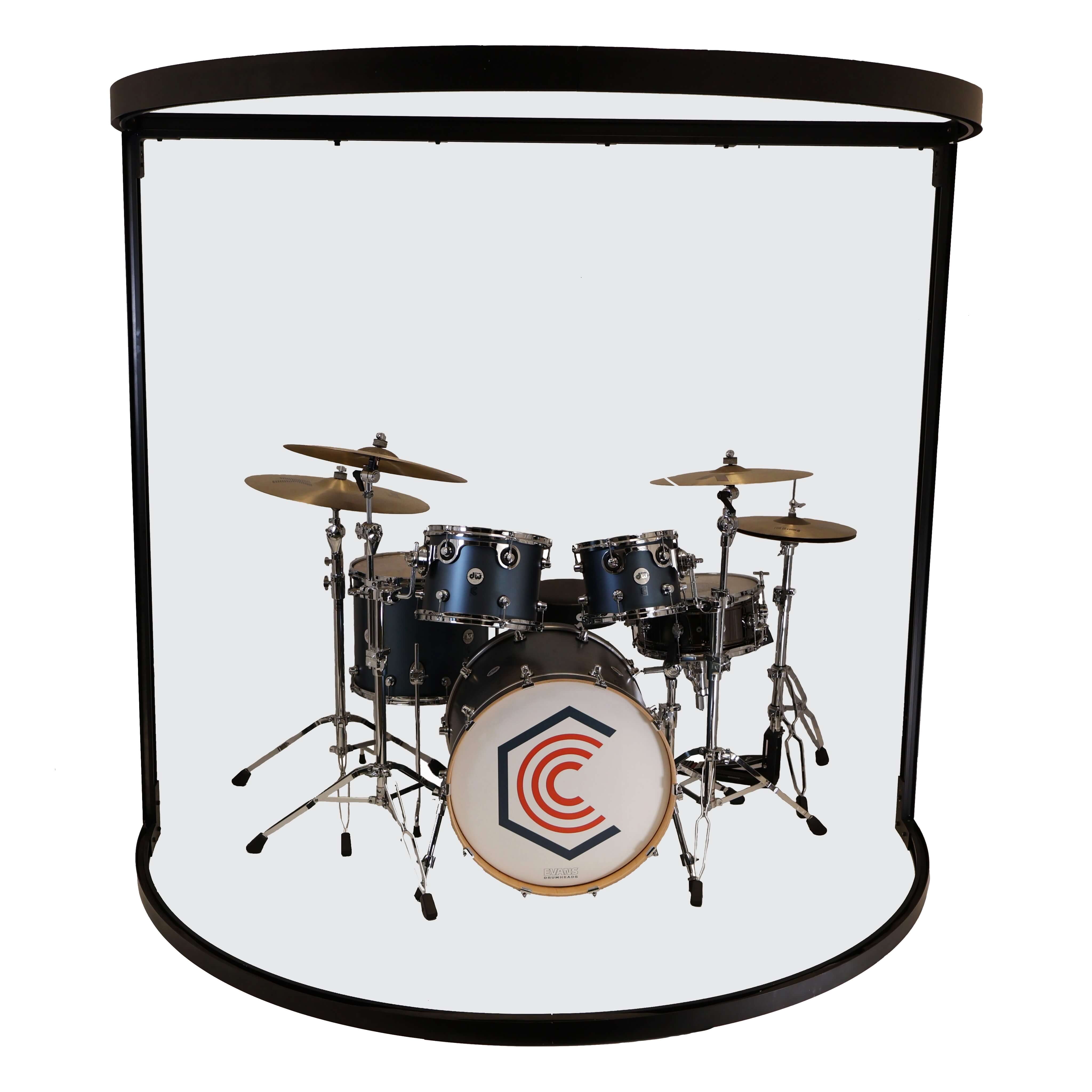 ClearSonic Curved7 - 7' Seamless Drum Shield with Aluminum Frame, shown with drum set