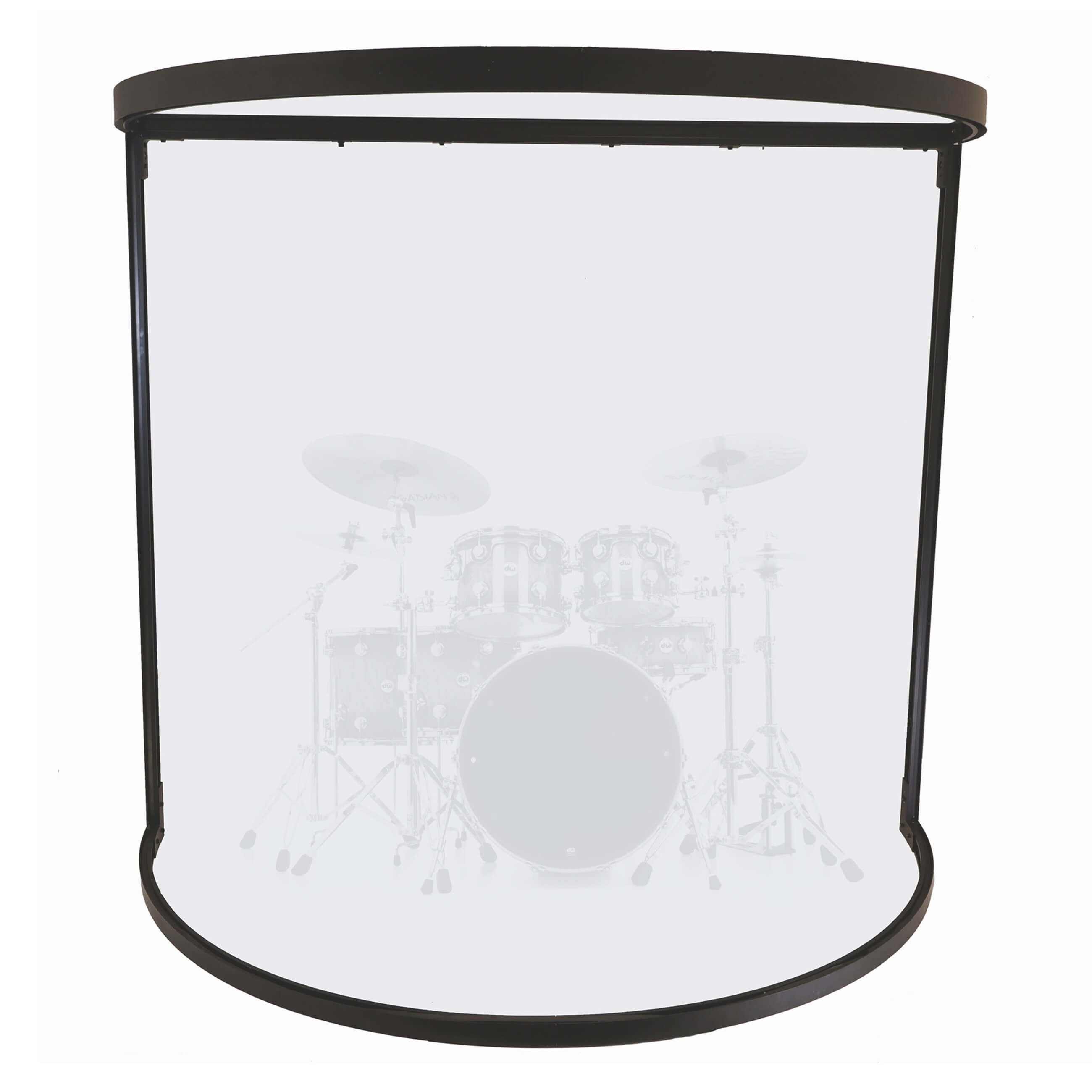 ClearSonic Curved8 - 8' Seamless Drum Shield with Aluminum Frame, shown with drum set