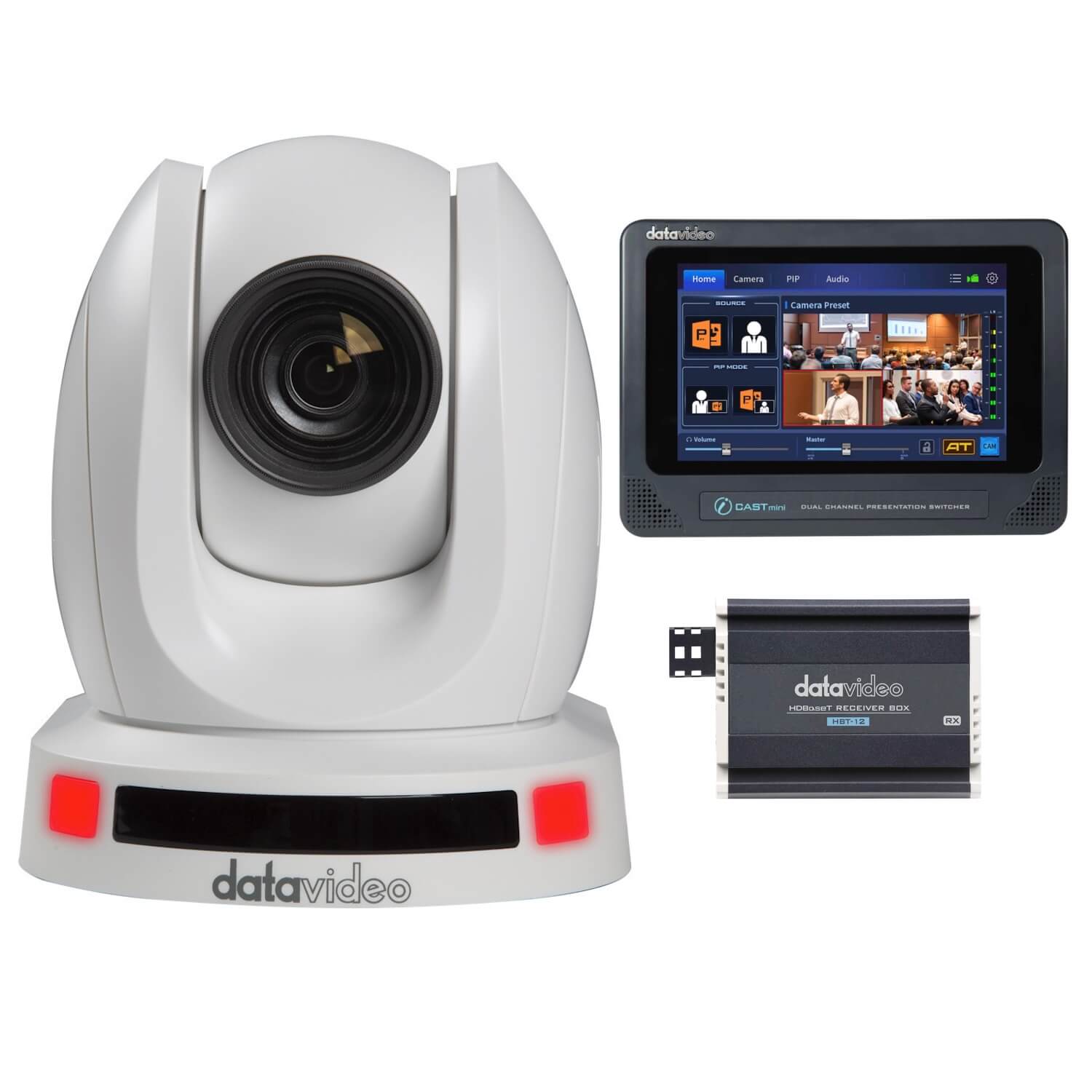 DataVideo Autocast Mini - All-in-One AI Tracking PTZ Camera/Switcher Streaming Kit, white