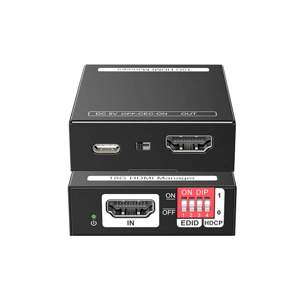 DVDO HDMI-MGR-1 - 4K HDMI EDID Emulator with HDCP Management, stacked front and rear views