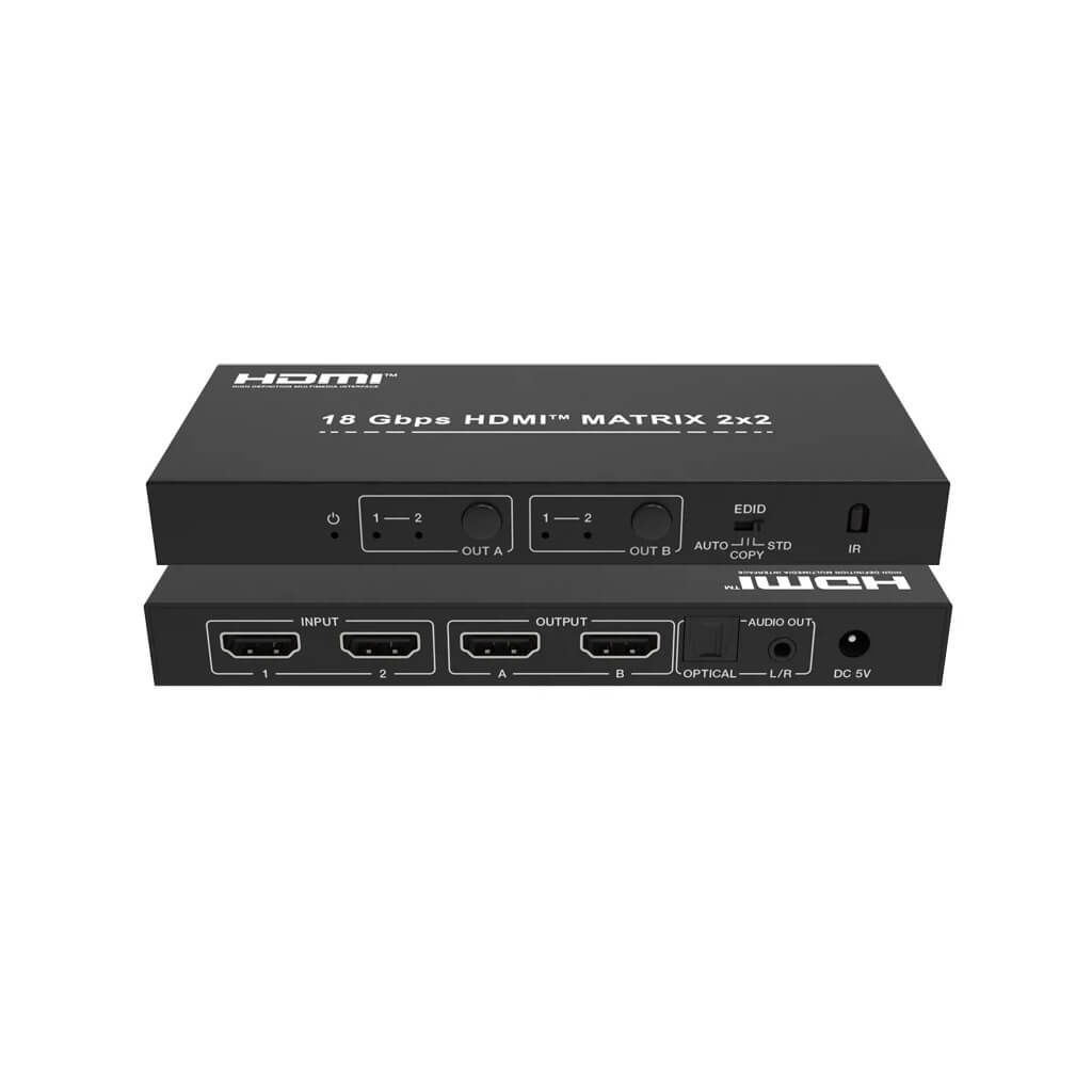 DVDO Matrix-22 - 2x2 4K HDMI Matrix Switcher with Audio Outputs & HDR, tilted front and rear views