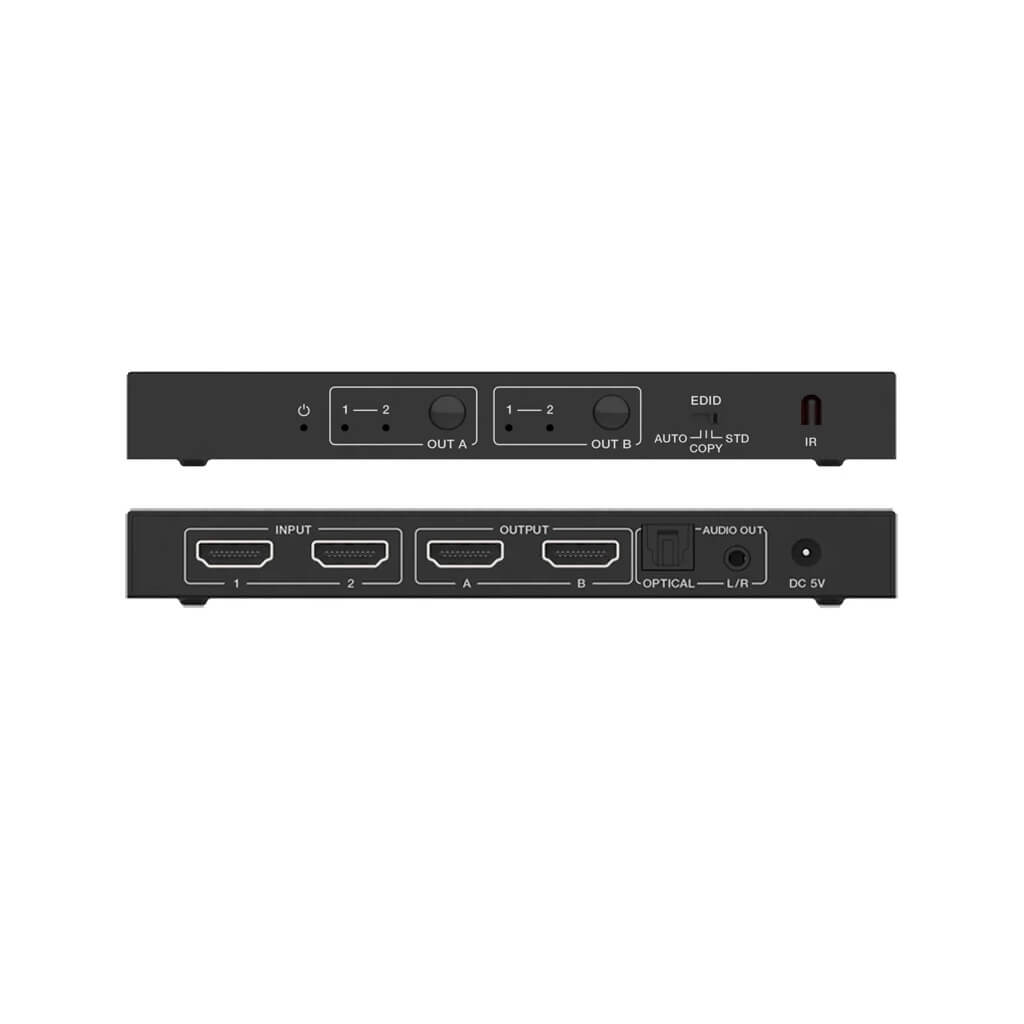 DVDO Matrix-22 - 2x2 4K HDMI Matrix Switcher with Audio Outputs & HDR, stacked front and rear views