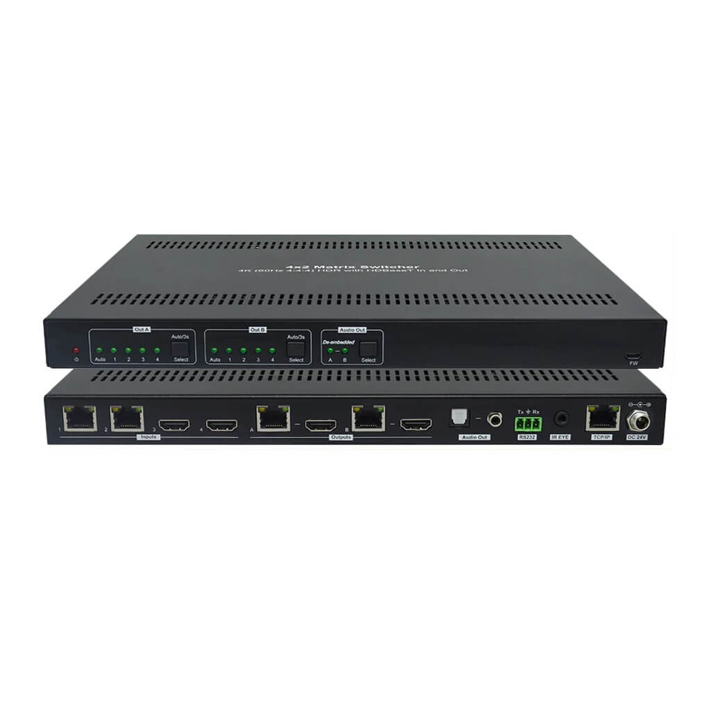 DVDO Matrix-42-HDBT - 4x2 4K Matrix Switcher with HDMI and HDBaseT, tilted front and rear views