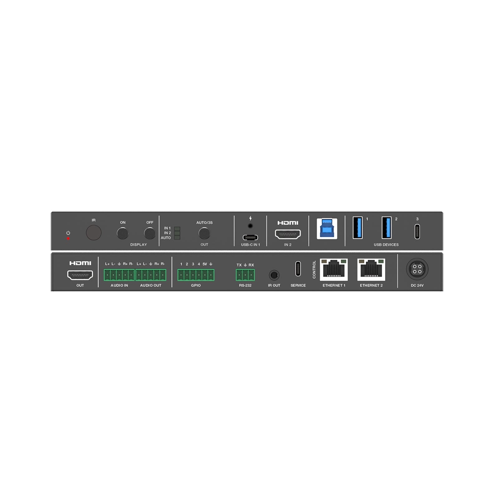 DVDO USBC-HDMI-PS-21-XL - 4K 2x1 HDMI and USB-C Presentation Switcher, combined front and rear views