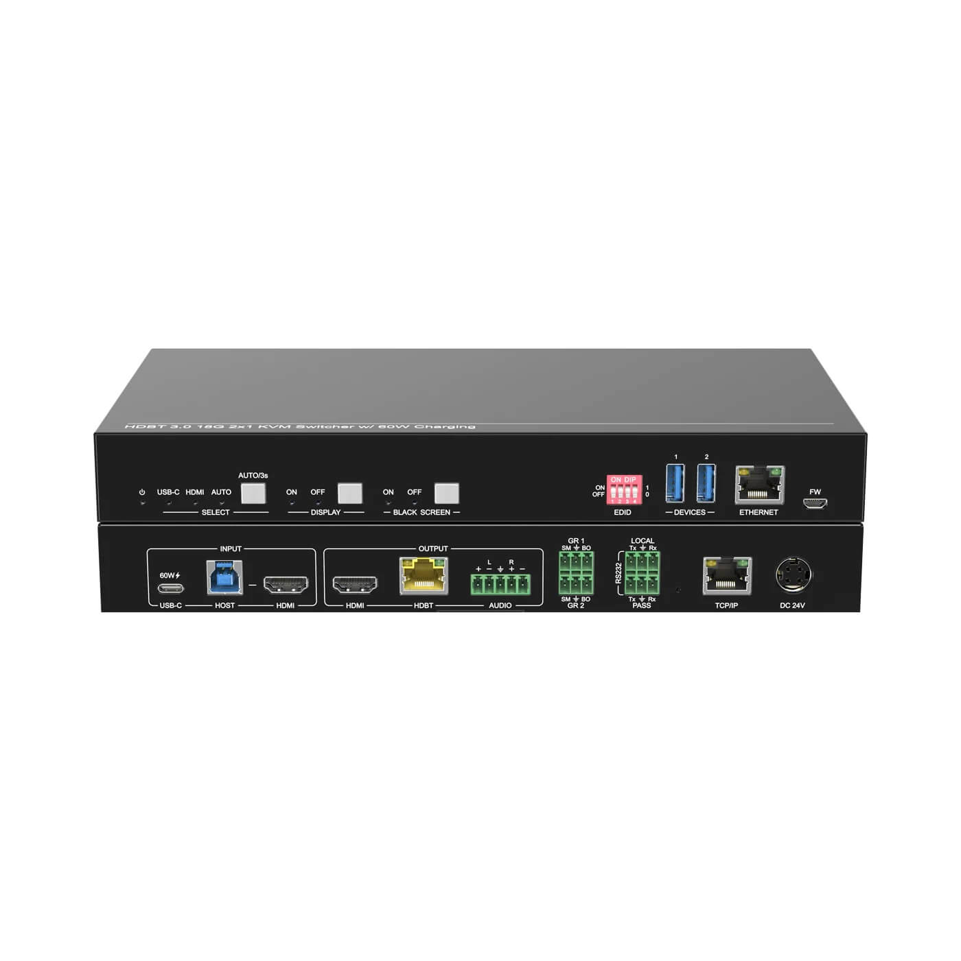 DVDO USBC-HDMI-PS-21-Xtend - 2x1 4K Presentation Switcher/Extender, transmitter front and rear views