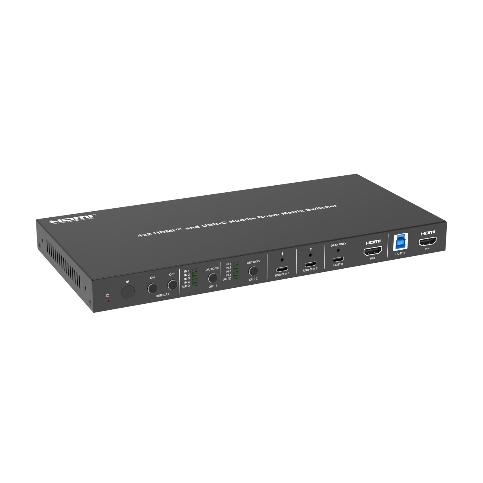 DVDO USBC-HDMI-PS-42-XL - 4K 4x2 HDMI and USB-C Presentation Switcher, angled front