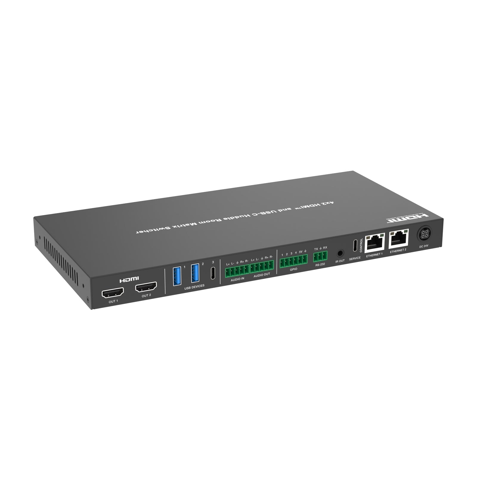DVDO USBC-HDMI-PS-42-XL - 4K 4x2 HDMI and USB-C Presentation Switcher, angled rear