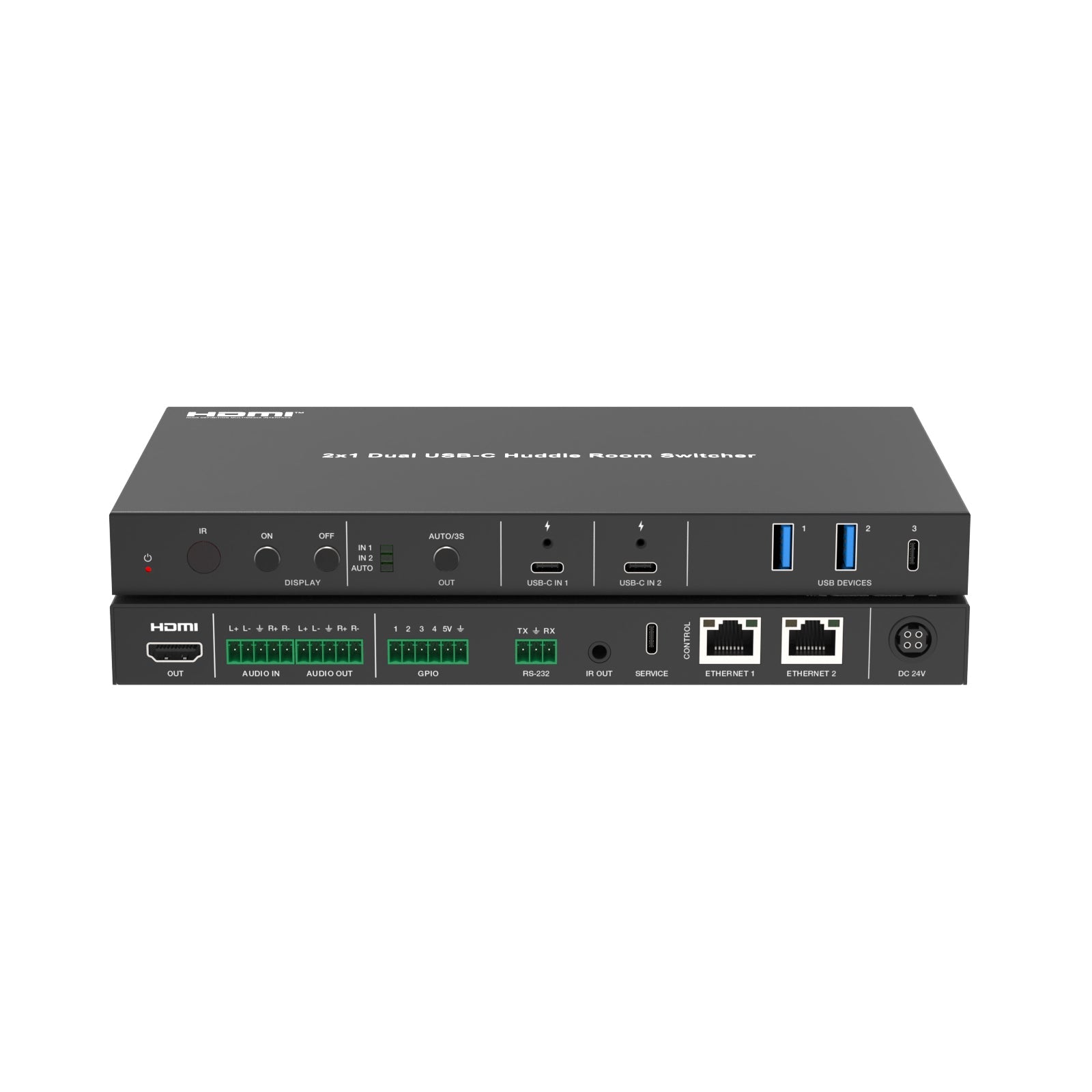 DVDO USBC-PS-21-XL - 4K 2x1 Dual USB-C Presentation Switcher, combined front and rear tilted views