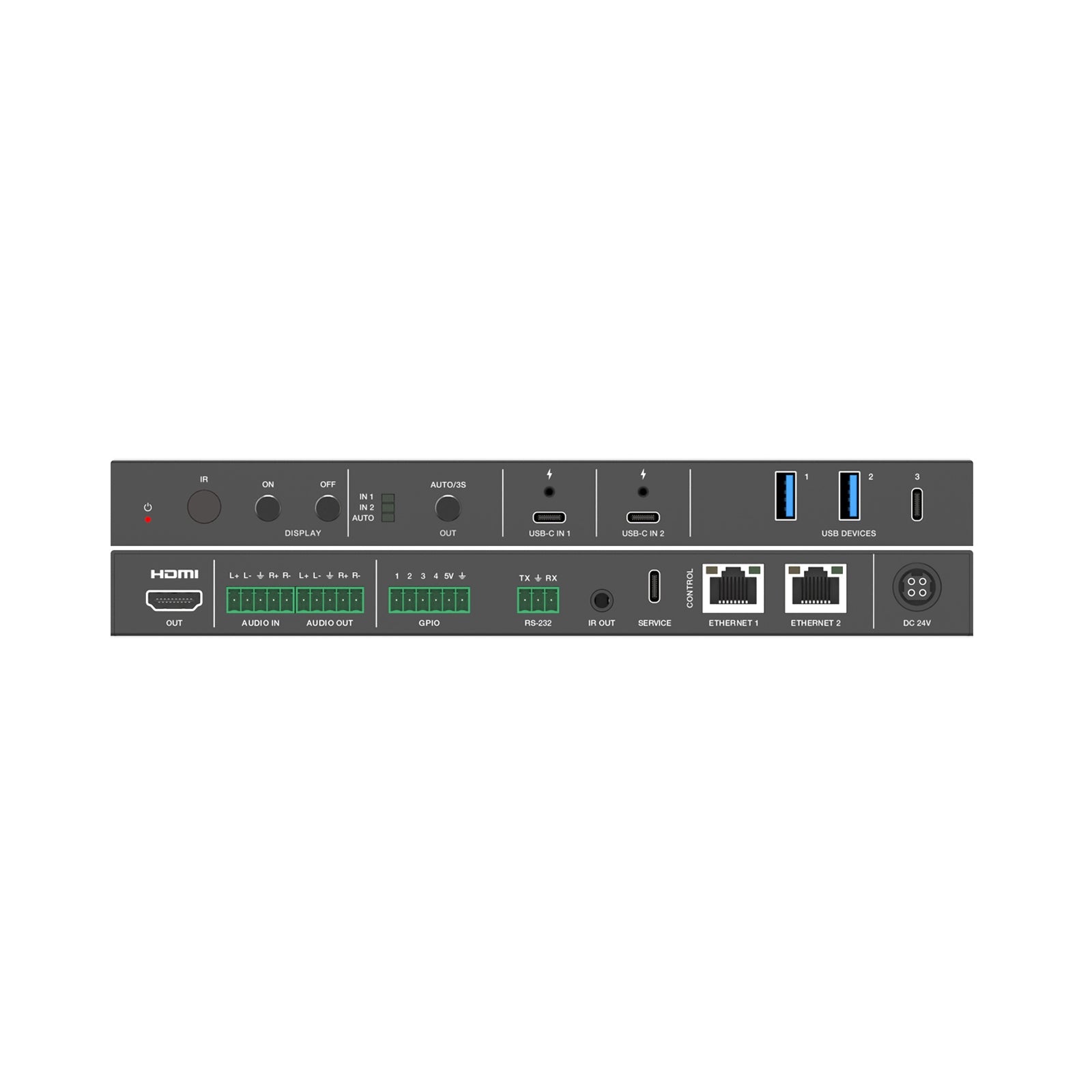 DVDO USBC-PS-21-XL - 4K 2x1 Dual USB-C Presentation Switcher, combined front and rear views