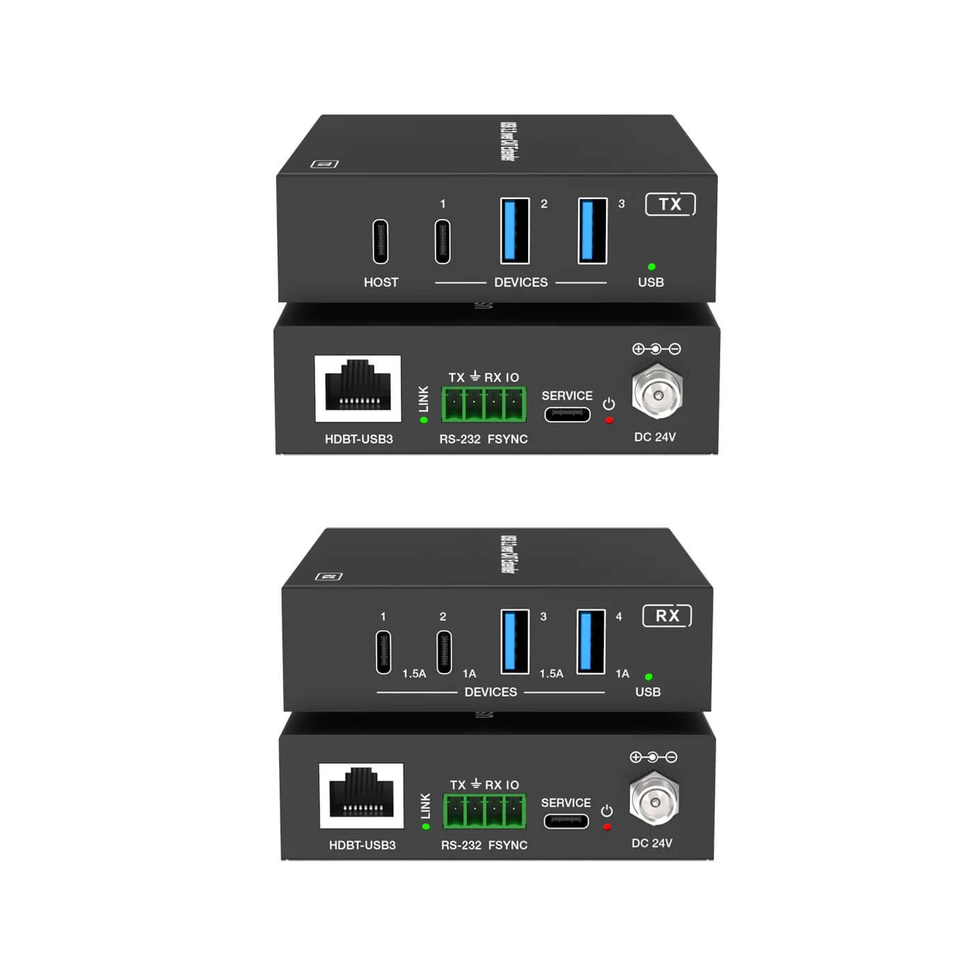 DVDO Xtend-USBC-USB-100 - USB-C and USB-A Extender over HDBaseT, stacked tilt
