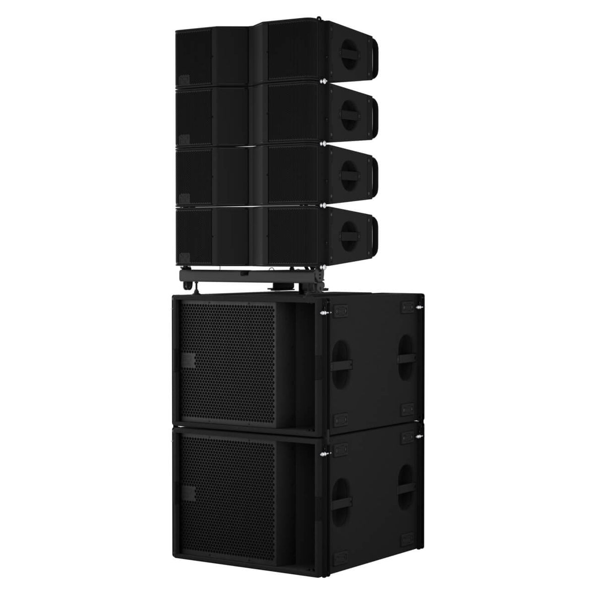 2x EAW NT119S - Newport Series, 19-inch Powered Subwoofers under 4x NT208L, ground stack