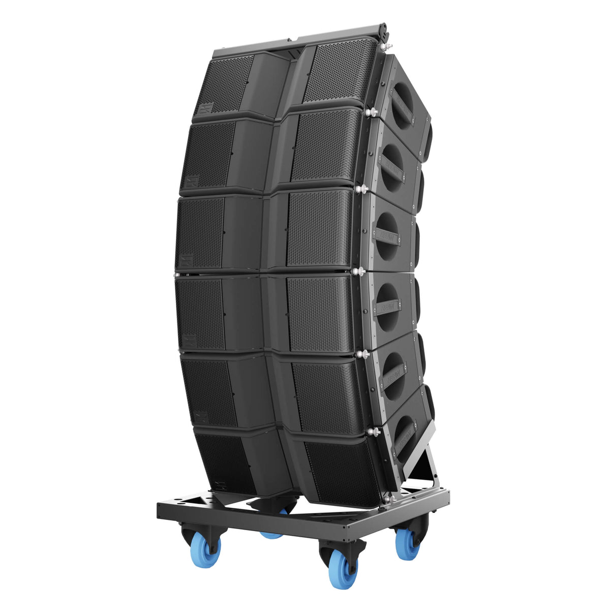 6x EAW NT206L - Newport Series, 2-Way Active 6-inch Line Array Loudspeakers on wheeled cart