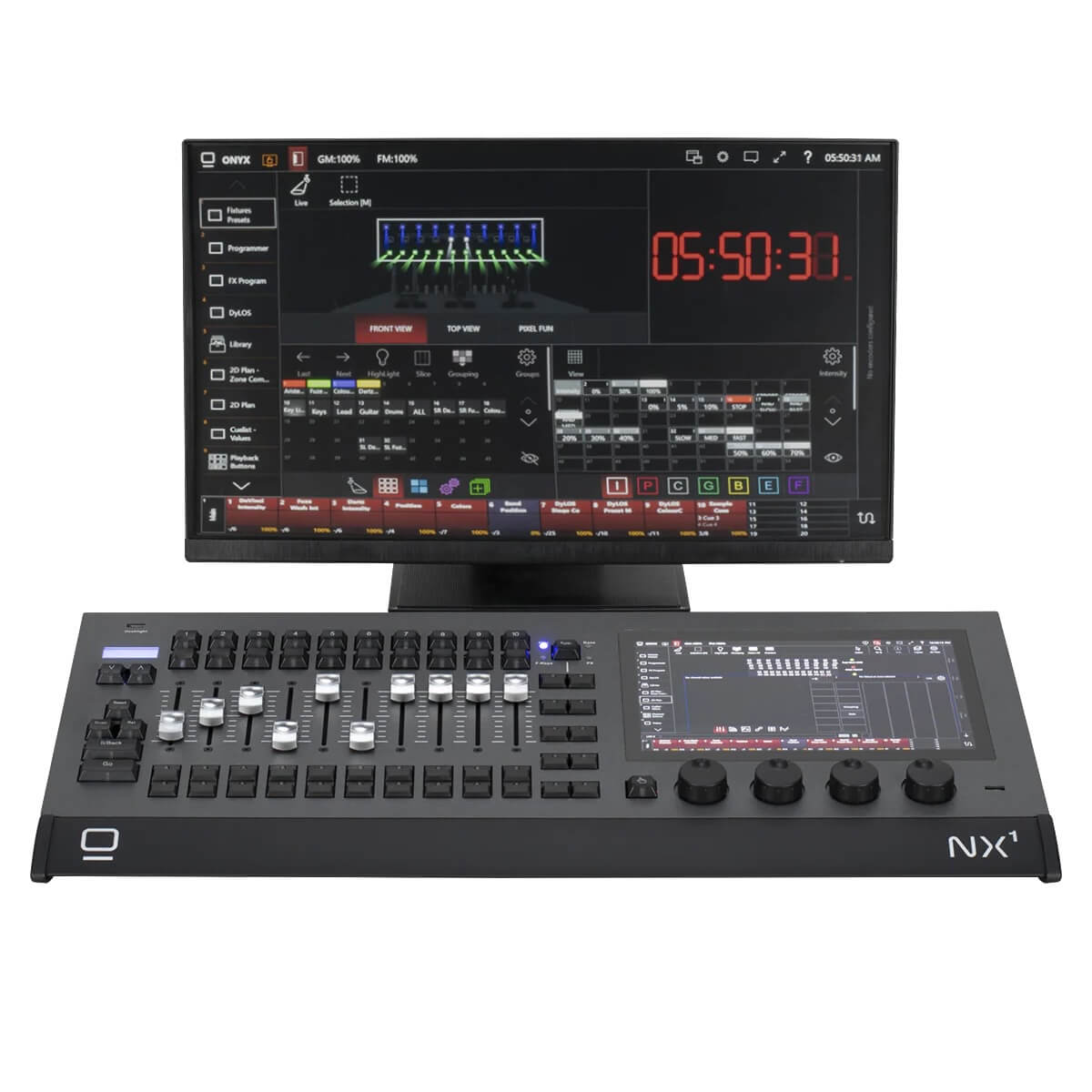 Obsidian NX1-16 - 16 Universes, 10 Playbacks, ONYX Lighting Console, shown with optional monitor