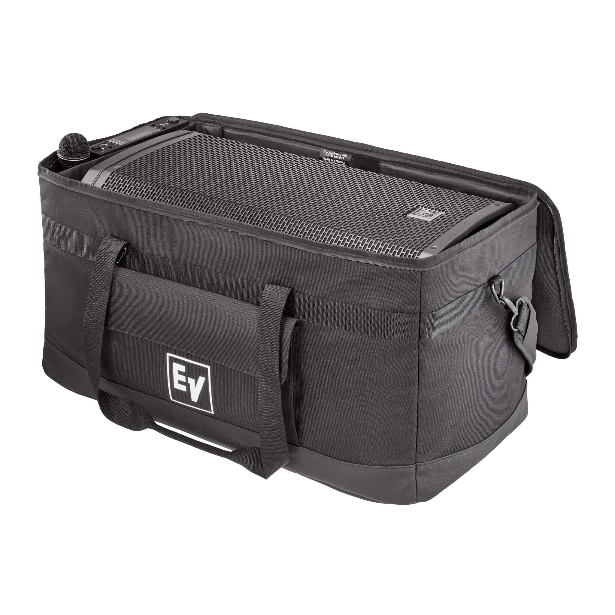 Electro-Voice EVERSE-DUFFEL - Padded Duffel Bag for EVERSE Loudspeaker, shown open with one EVERSE 12