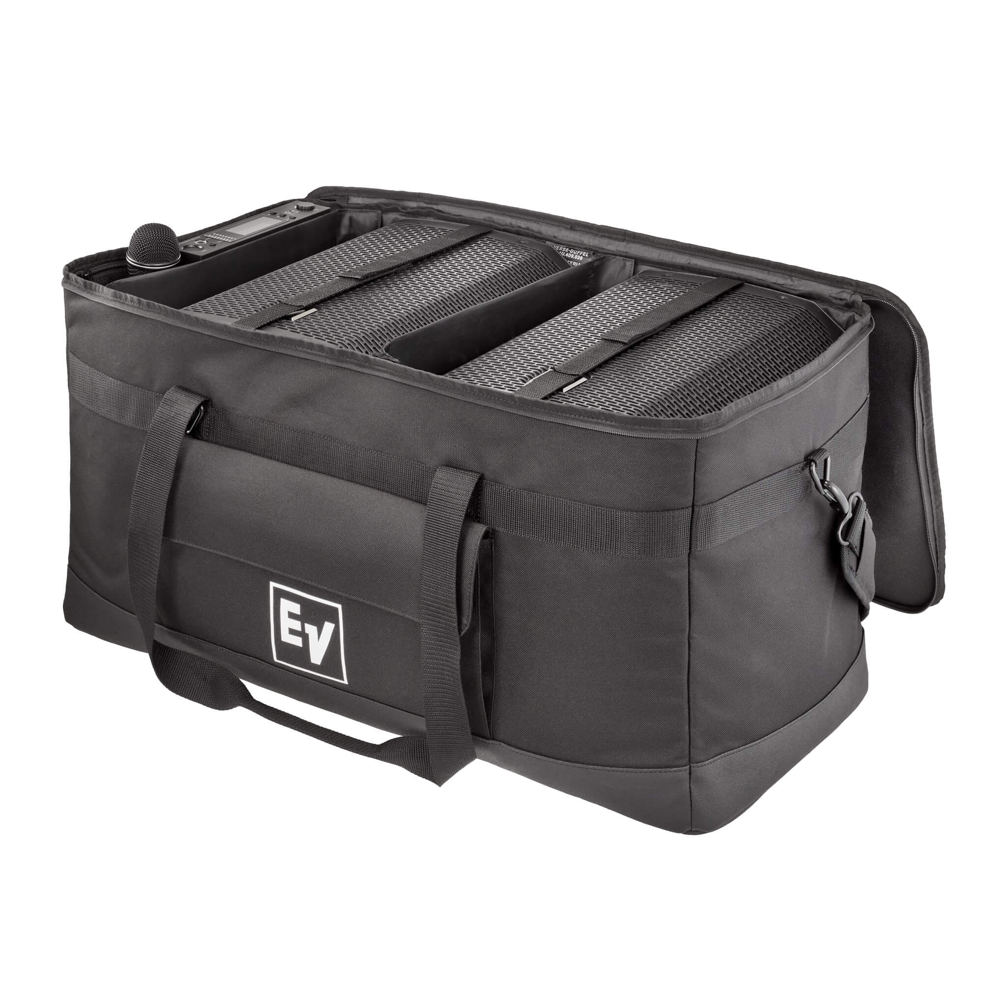 Electro-Voice EVERSE-DUFFEL - Padded Duffel Bag for EVERSE Loudspeaker, shown open with two EVERSE 8