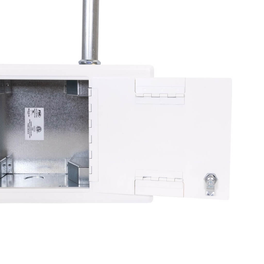 FSR PWB-CMU8-HNGWHT-C - White Lockable Hinged Cover for PWB-CMU8 Wall Box, hinge detail