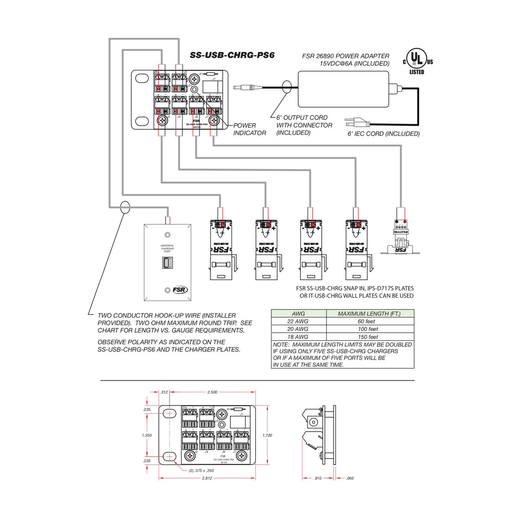 FSR SS-USB-CHRG-PS6 - Remote 6-port USB Power Distribution Module