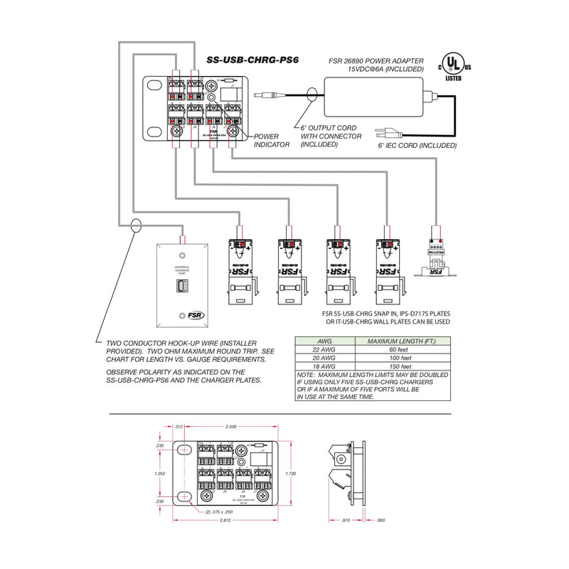 FSR SS-USB-CHRG-PS6 - Remote 6-port USB Power Distribution Module diagram