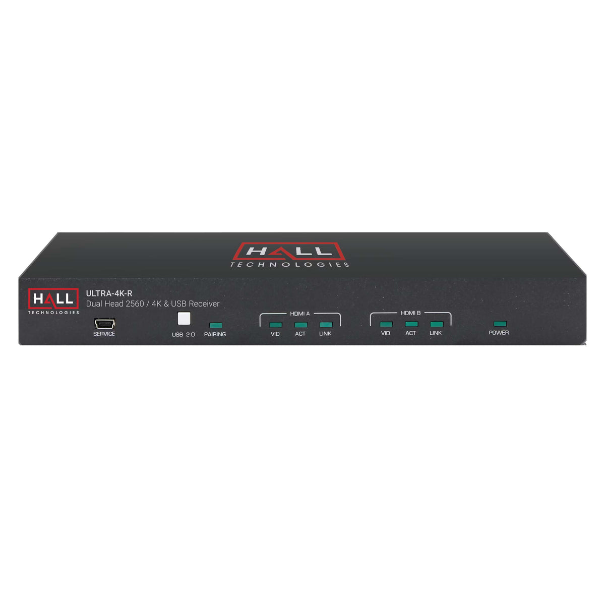 Hall Technologies ULTRA-4K-R - Dual-Head 4K HDMI and USB KVM Receiver, front tilted
