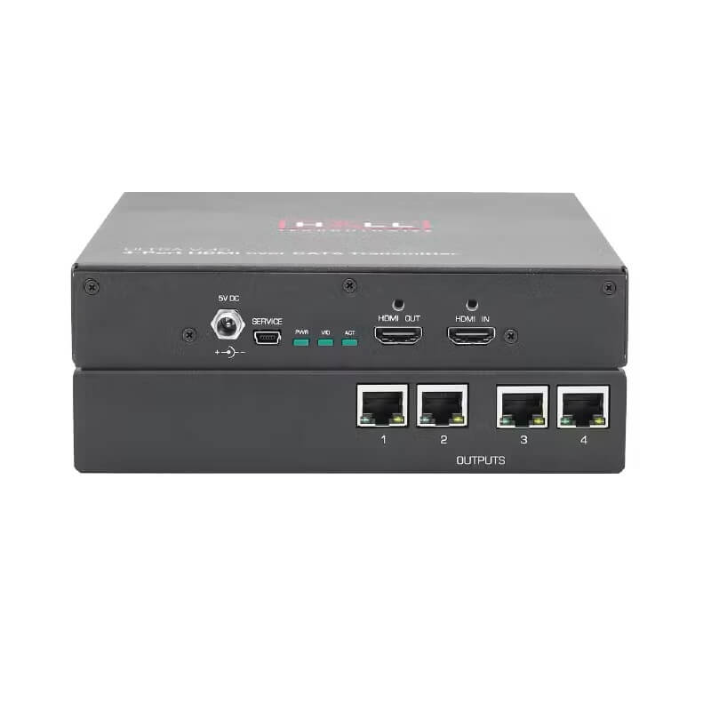 Hall Technologies ULTRA-V-4S - 4K HDMI 4-Port Sender, front and rear views stacked