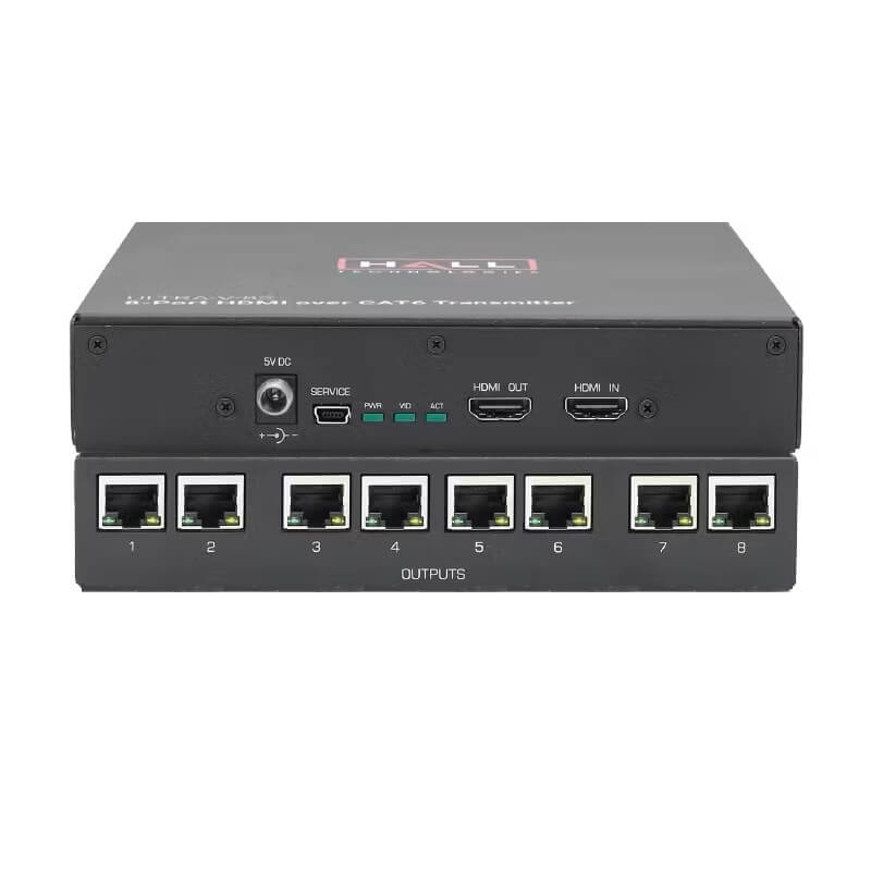 Hall Technologies ULTRA-V-8S - 4K HDMI 8-Port Sender, front and read views stacked
