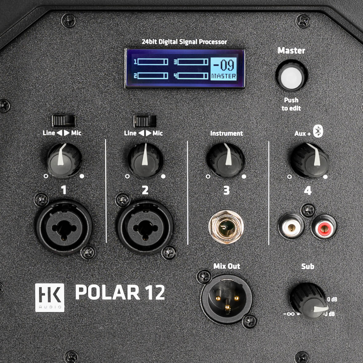 HK Audio POLAR 12 - 12" 2000W Powered Column PA System with Bluetooth, mixer closeup