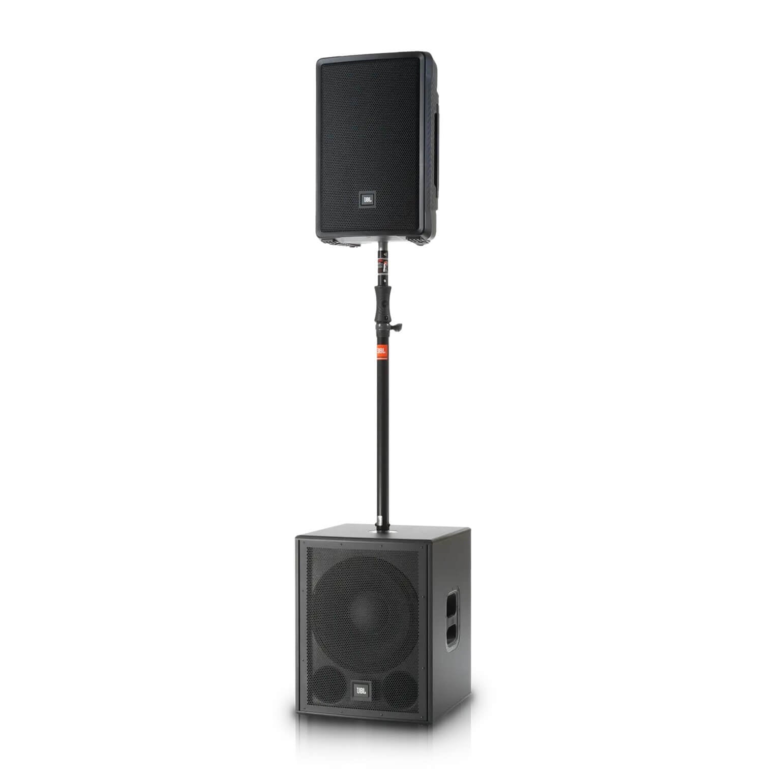 JBL IRX112BT - Powered 12-inch Portable PA Loudspeaker with Bluetooth, pole mounted on the IRX115S Subwoofer