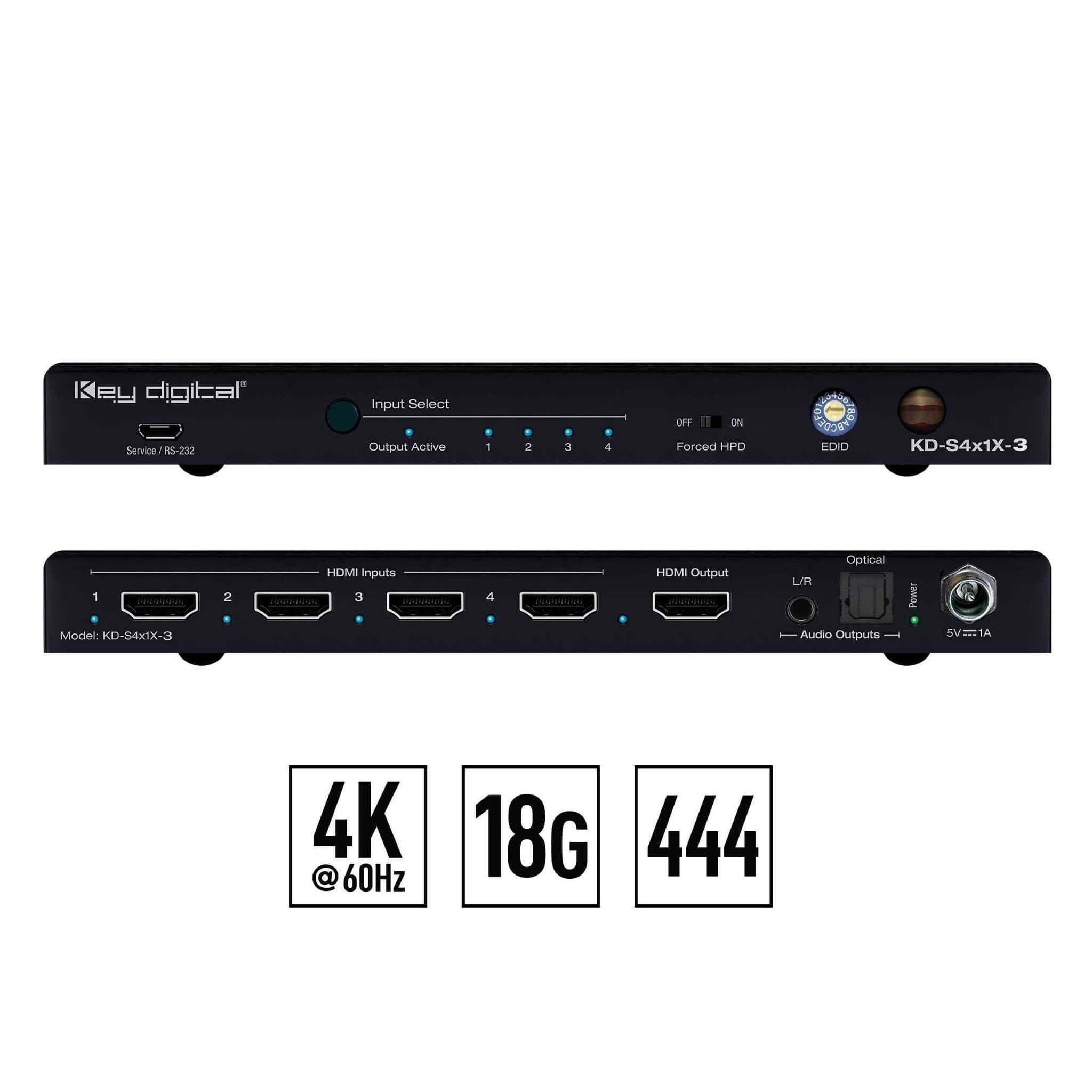 Key Digital KD-S4x1X-3 - 4x1 Slim Series 4K HDMI Auto Switcher