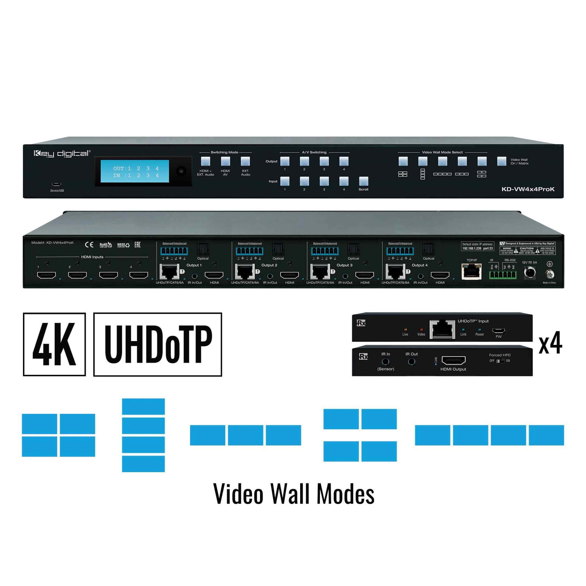 Key Digital KD-VW4x4ProK - 4x4 4K HDMI Video Wall Processor Matrix