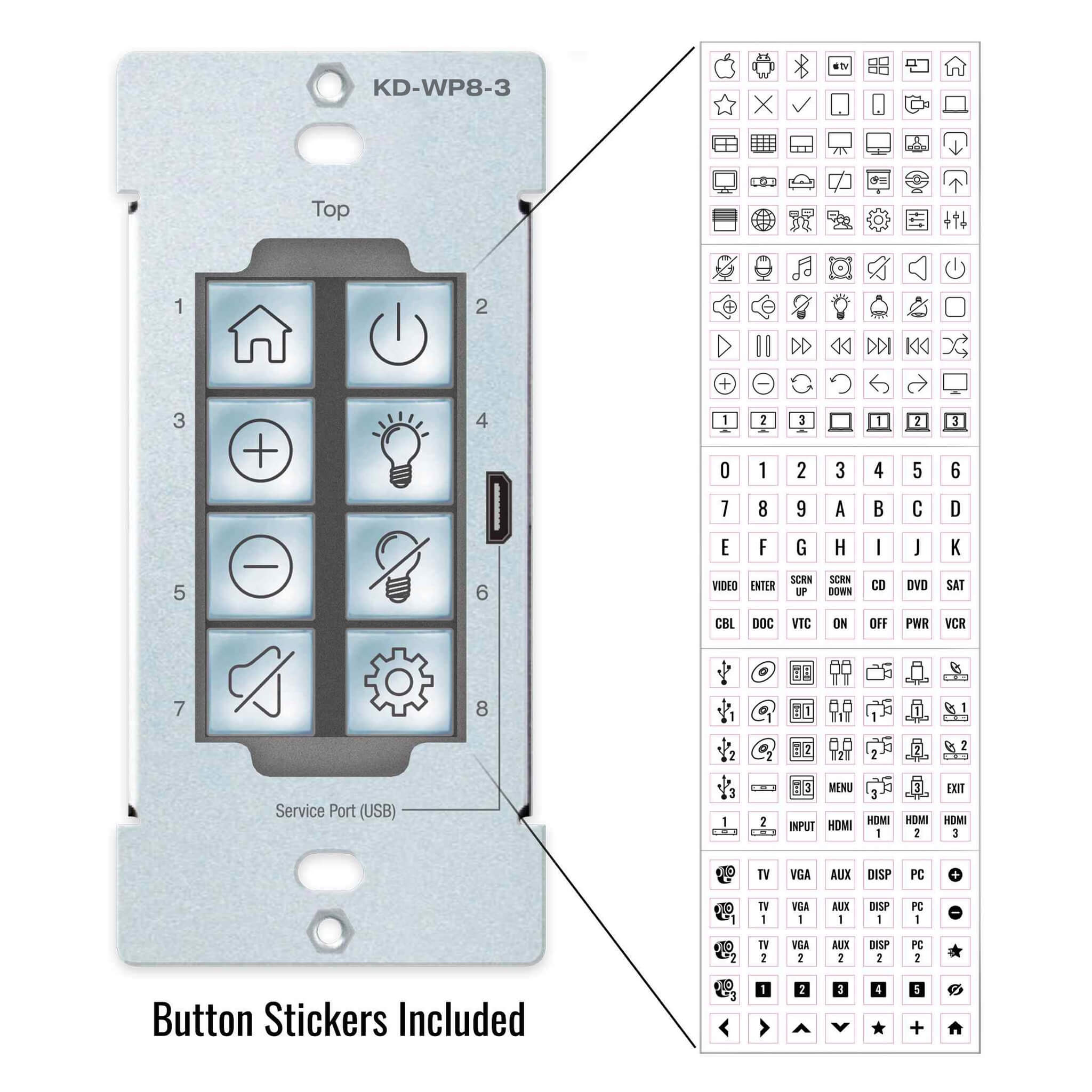 Key Digital KD-WP8-3 - Programmable 8-Button Control Keypad Wall Plate, buttons