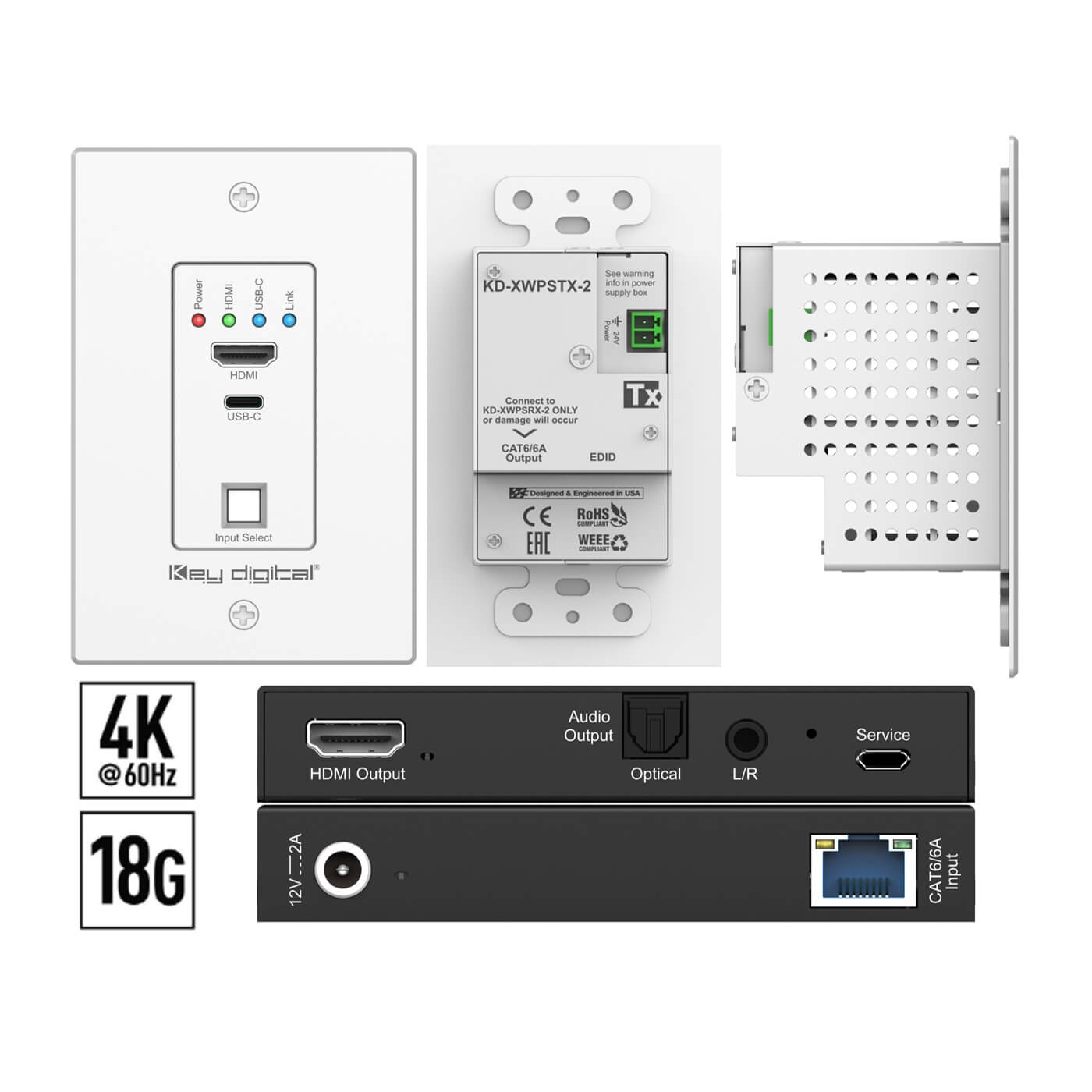 Key Digital KD-XWPS-2 - HDMI USB-C over Cat6 Wall Plate Extender Set