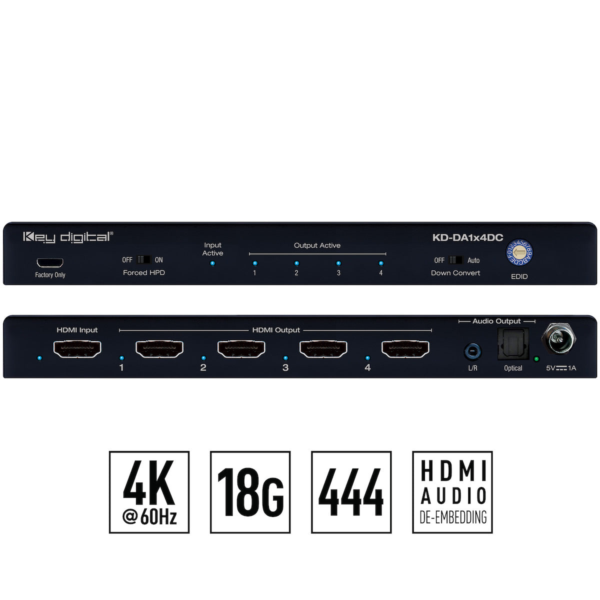 Key Digital KD-DA1x4DC - 1x4 4K 18G HDMI Distribution Amplifier, front and rear views