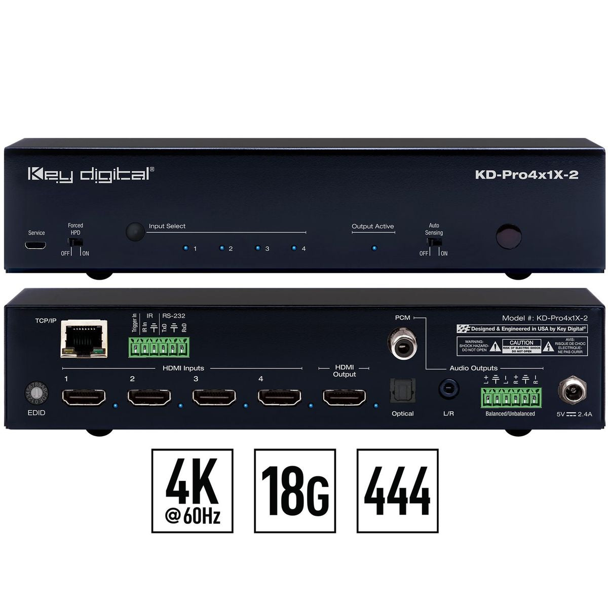 Key Digital KD-Pro4x1X-2 - 4x1 4K 18G HDMI Auto Switcher with Web UI, front and rear views combined