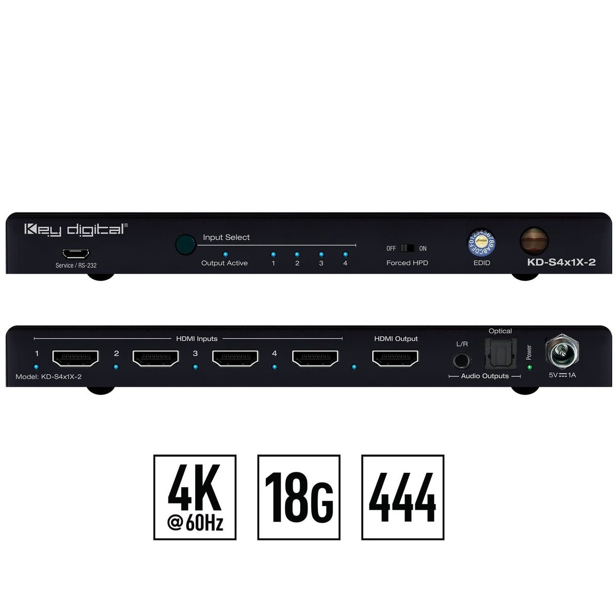 Key Digital KD-S4x1X-2 - 4x1 4K 18G HDMI Auto Switcher, front and rear views combined