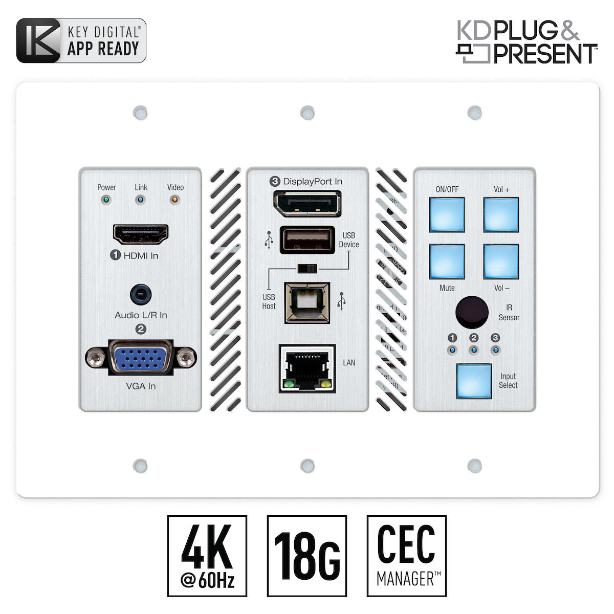Key Digital KD-X3x1WUTx - 3x1 4K/18G HDBaseT Wall Plate Switcher, 100m