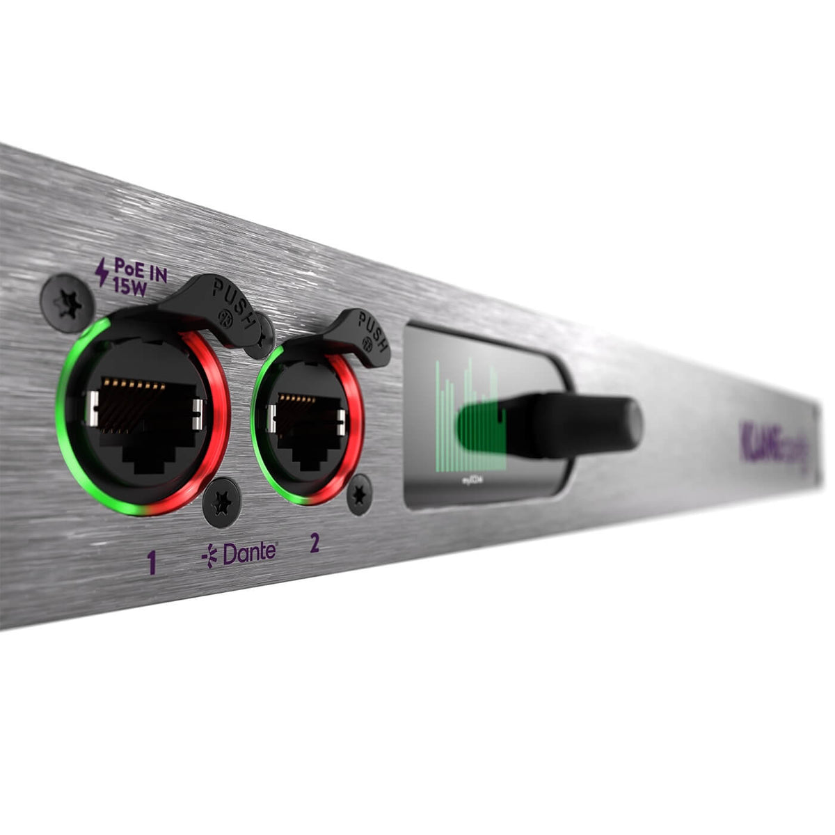 KLANG Quelle XDM - 16-Ch Dante/Madi Router with XLR Analog and AES3 Breakout, front angled closeup