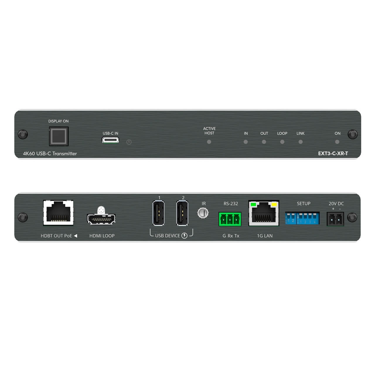 Kramer EXT3−C−XR−T - 4K60 HDMI, USB 2, 1G Ethernet HDBaseT Transmitter, front and rear combined views