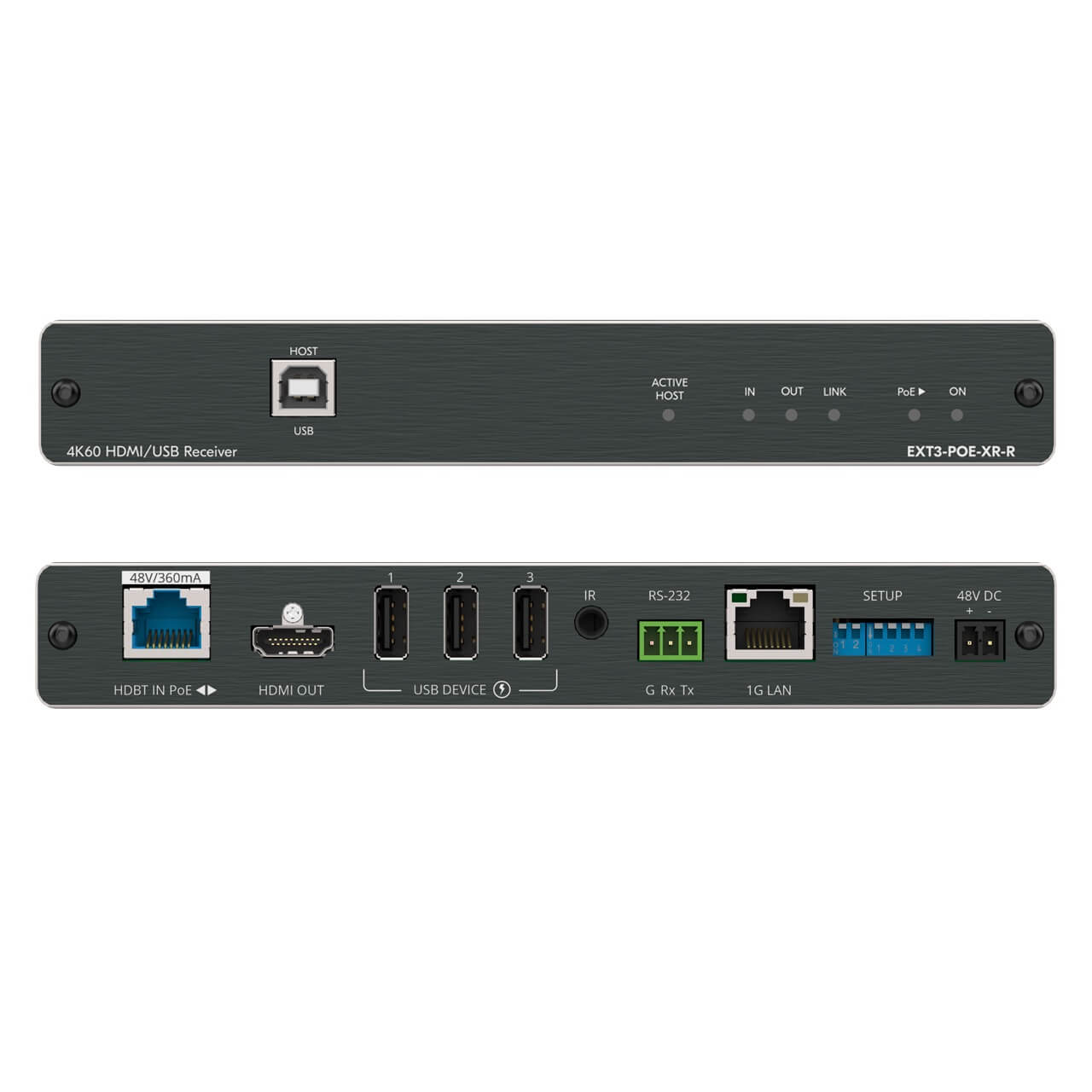 Kramer EXT3−POE−XR−R - 4K60 HDMI, USB 2, 1G Ethernet HDBaseT Receiver, front and rear combined views