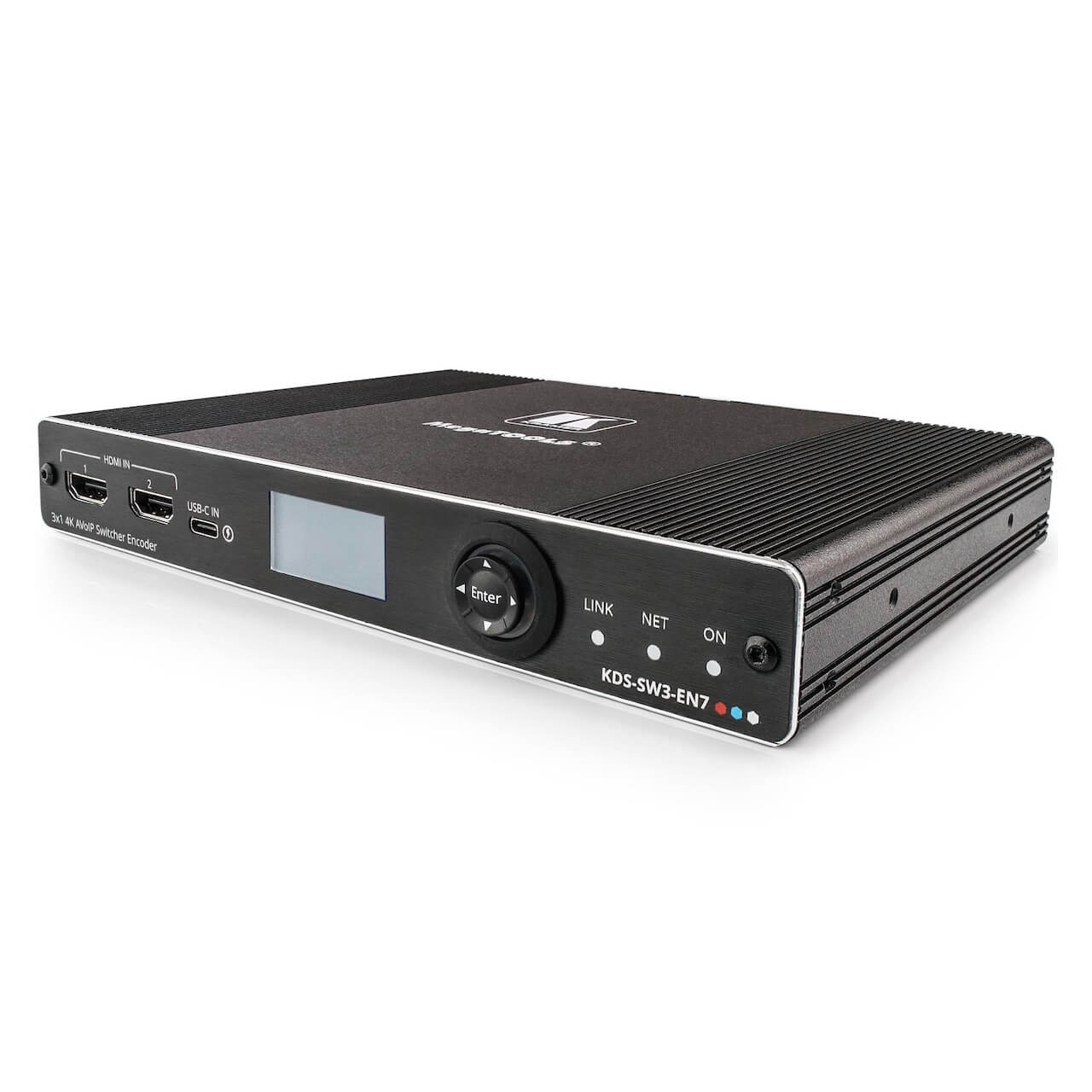 Kramer KDS-SW3-EN7 - 4K AVoIP Auto–switching Encoder with Dante, angled view