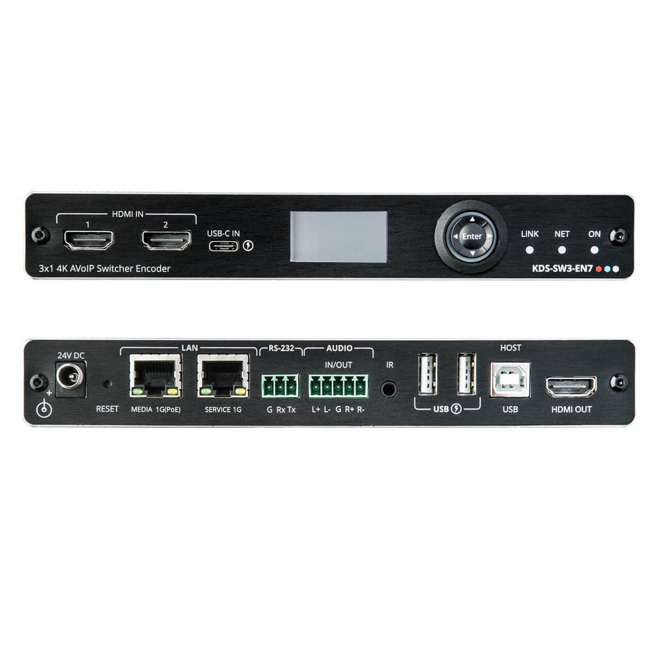 Kramer KDS-SW3-EN7 - 4K AVoIP Auto–switching Encoder with Dante, front and rear combined views
