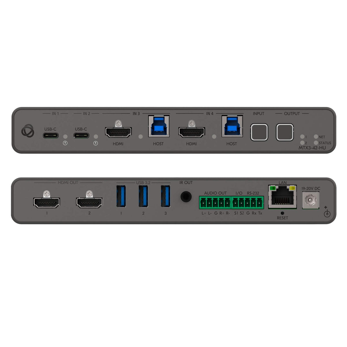 Kramer MTX3-42-HU - 4x2 4K60 USB-C/HDMI Matrix Switcher, combined front and rear views