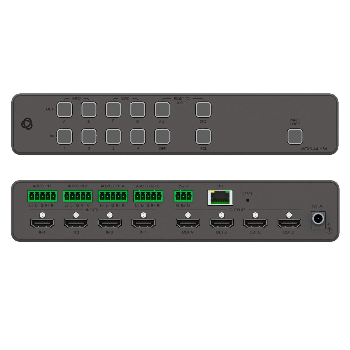 Kramer MTX3-44-HSA - 4x4 4K60 HDMI+Audio Seamless Matrix Switcher, combined front and rear views