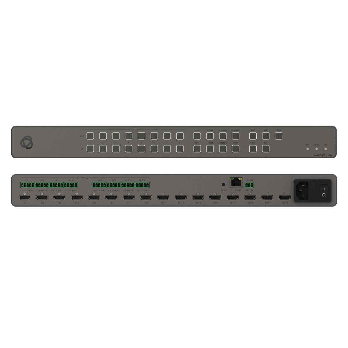 Kramer MTX3-88-HSA - 8x8 4K60 HDMI+Audio Scaler Based Matrix Switcher, combined front and rear views