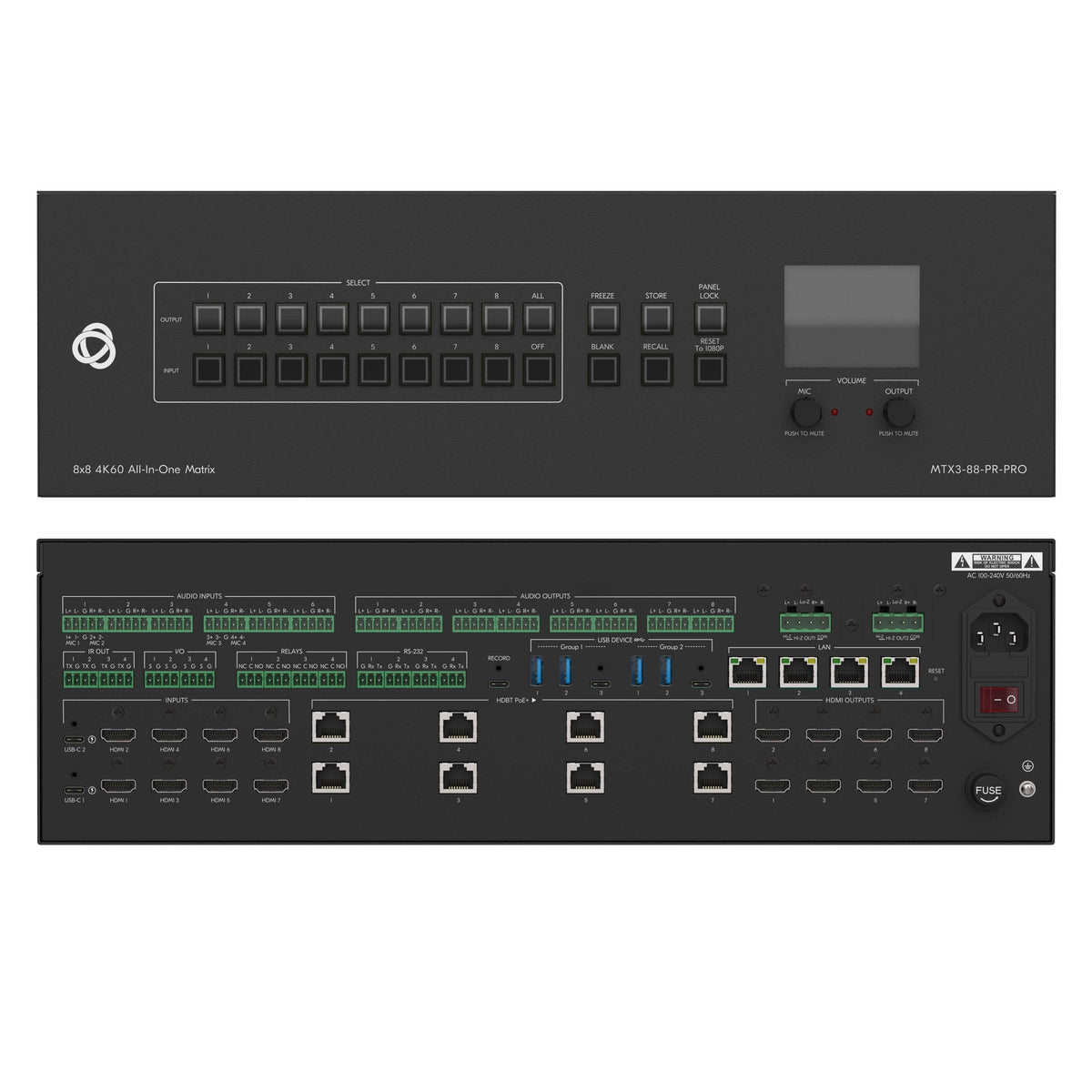 Kramer MTX3-88-PR-PRO - 8x8 4K60 All-In-One Matrix Switcher, combined front and rear views