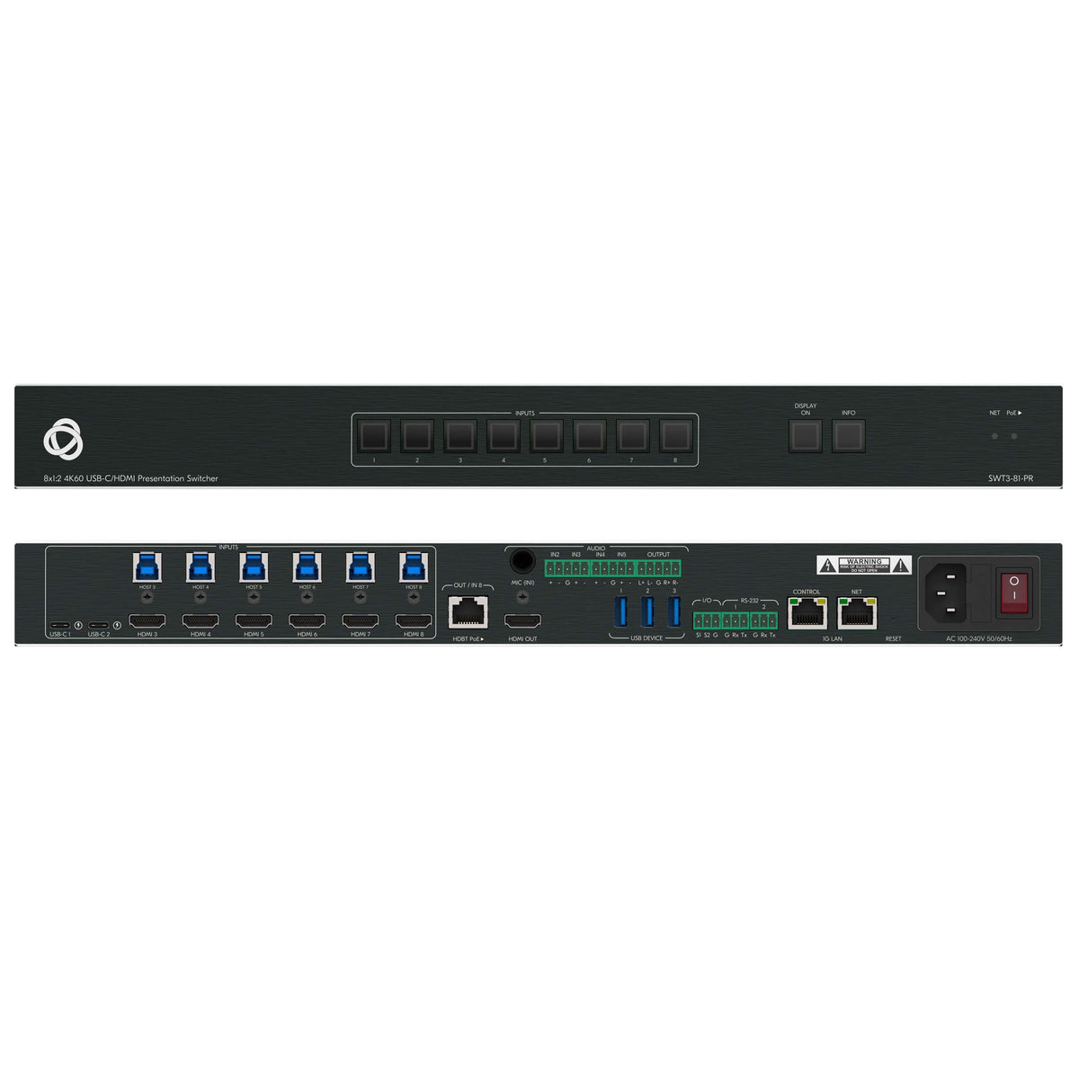 Kramer SWT3-81-PR - 8x1:2 4K60 USB-C/HDMI Presentation Switcher, front and rear combined views