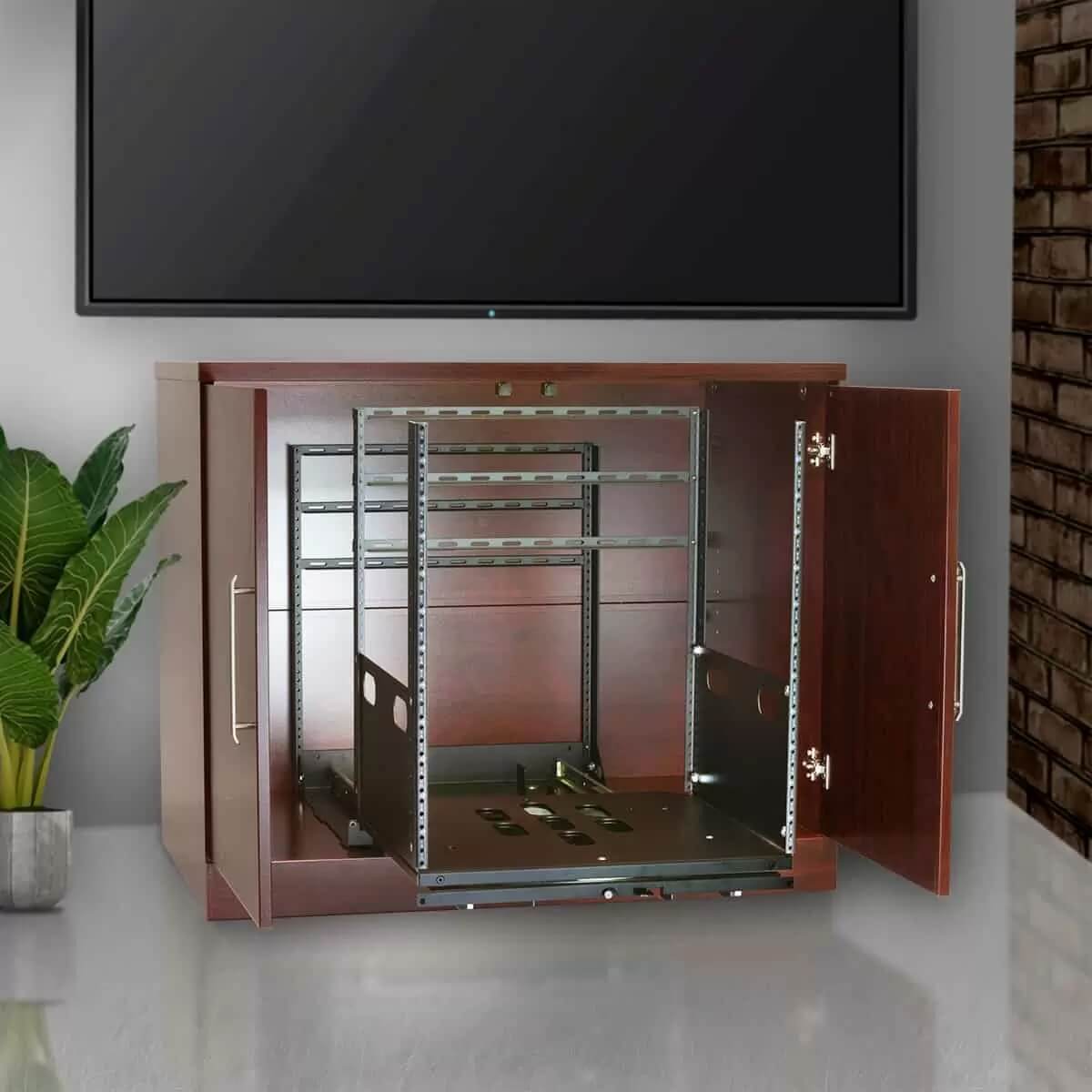 Lowell LPTR2-1219 Pull & Turn Rack 12U x 19-in Deep, mounted in a cabinet