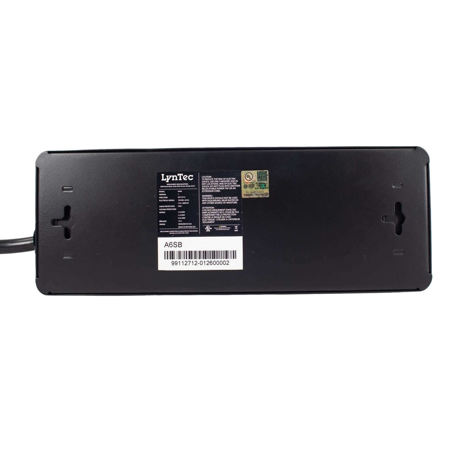 LynTec A6SB - 15A 6-Outlet Power Block with Surge Protection, bottom